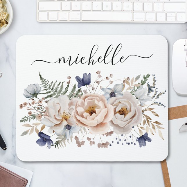 Mousepad Personalized Watercolor Pretty Beige Blue Floral  (In situ)