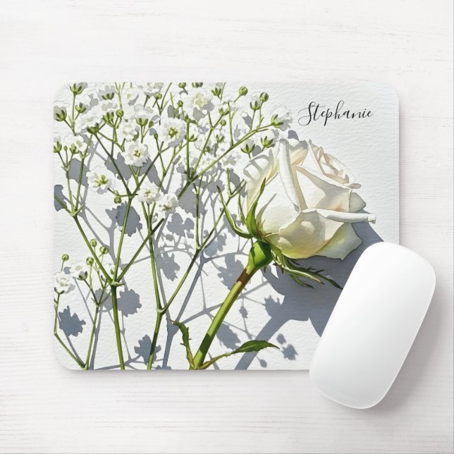 Mousepad Personalized White Rose Floral Desk (Com mouse)