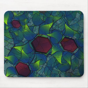Mousepad pétalas virtuais azuis, folhas e hexágono vermelho