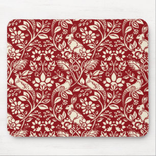 Mousepad Pheasant and Hare Patterno, Deep Red and Cream