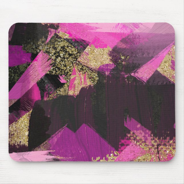Mousepad Pincel Moderno Brilho Preto Dourado Rosa Grunge Gl (Frente)