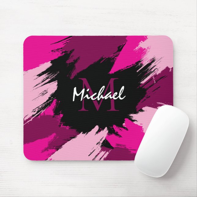 Mousepad Pinceladas tons de rosa quente nome com monograma (Com mouse)