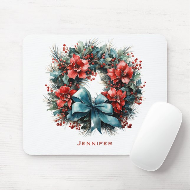 Mousepad Pine Wreath com Holly Festivo Natal (Com mouse)