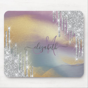 Mousepad Pingentes de Brilho Prateado Monograma Dourado Col