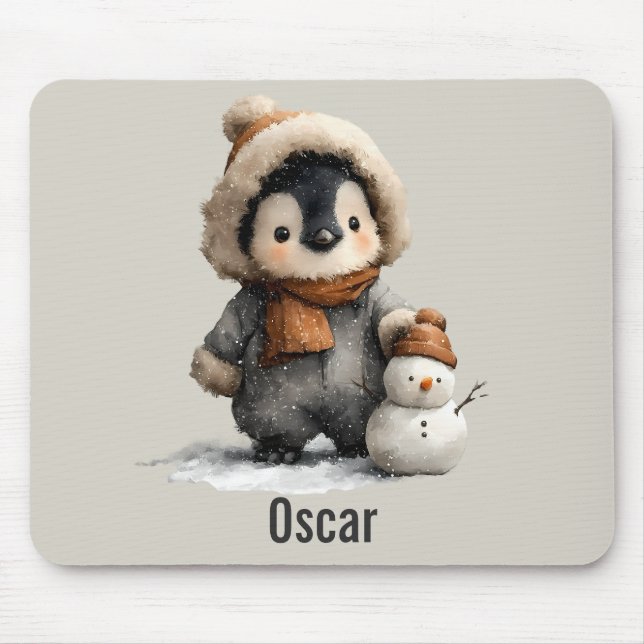 Mousepad Pinguim de Inverno com Desenho de Boneco de Neve (Frente)