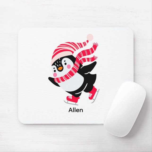 Mousepad Pinguim de Natal num Chapéu e Escarpo em Skates (Com mouse)