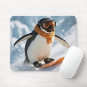 Mousepad Pinguim descendo a ladeira de snowboard