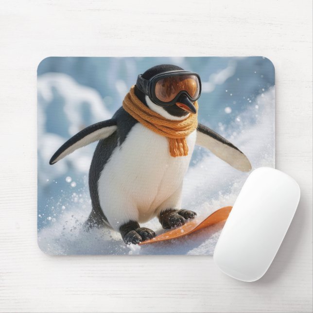Mousepad Pinguim descendo a ladeira de snowboard (Com mouse)