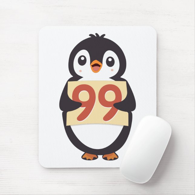 Mousepad Pinguim fofo segurando um cartaz com o número 99 (Com mouse)