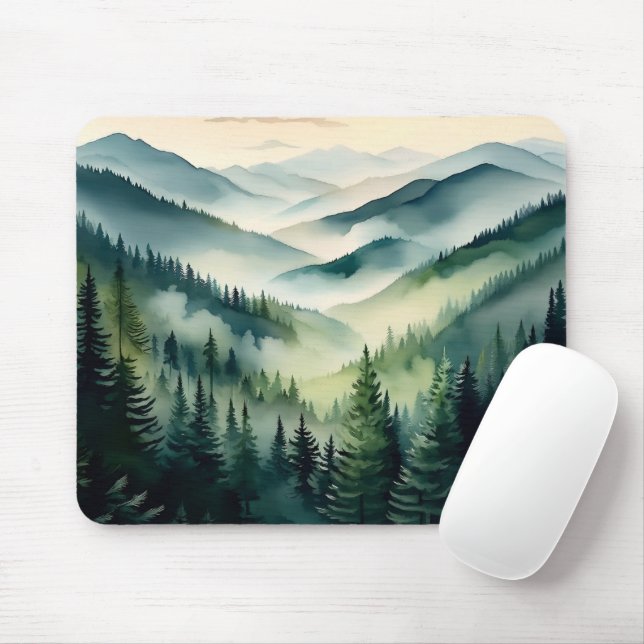 Mousepad Pinheiros da Montanha Nublada de Manhã (Com mouse)