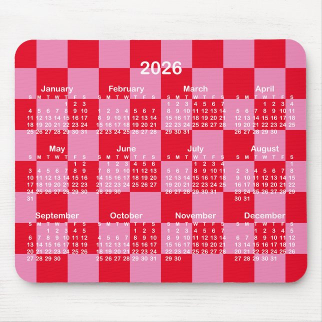 Mousepad Pink and Red Checkerboard 2026 Calendar (Frente)
