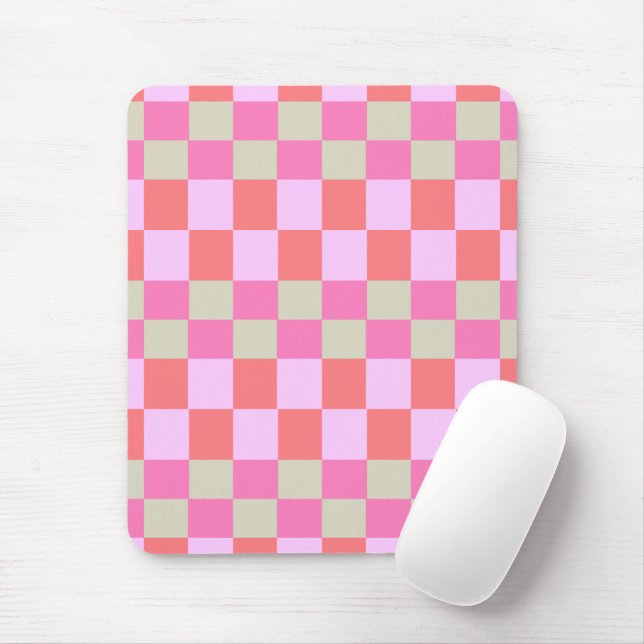Mousepad Pink and Sand Beige Retro Checkerboard Pattern (Com mouse)