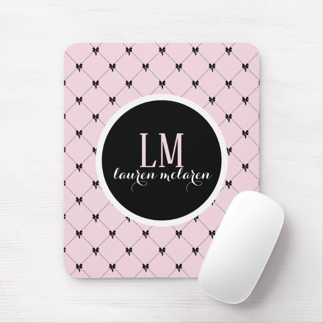 Mousepad Pink & Black Bow Monogram (Com mouse)