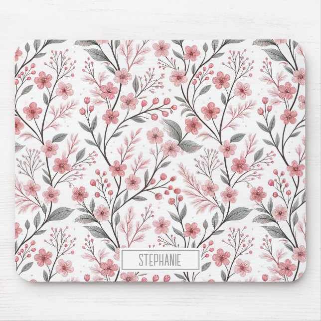 Mousepad Pink Cherry Blossom Sakura Pattern on White (1) (Frente)