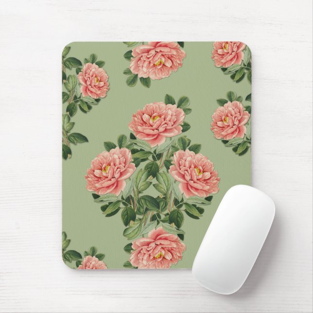 Mousepad Pink Floral Pattern on Green Background | Seamless (Com mouse)