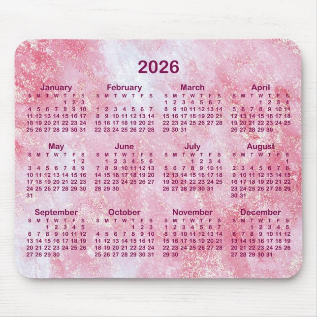 Mousepad Pink Glitter Marble 2026 Calendar (Frente)