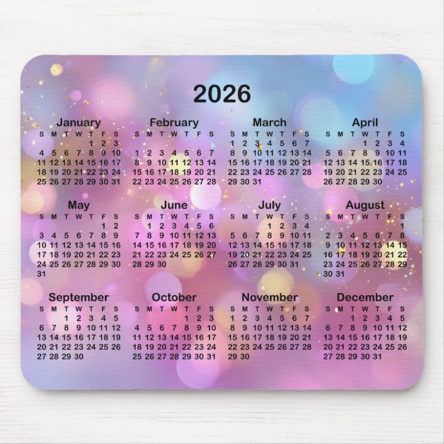 Mousepad Pink Gold Blue Bokeh 2026 Calendar (Frente)