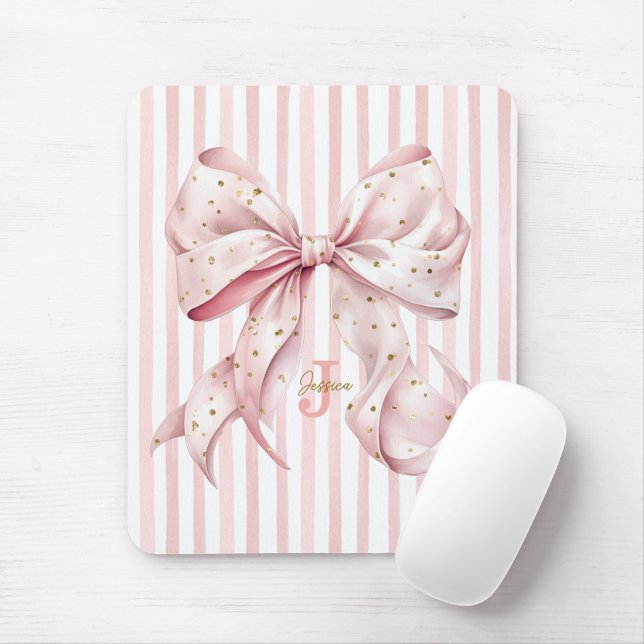 Mousepad Pink Gold Confetti Bow Monogram Name (Com mouse)