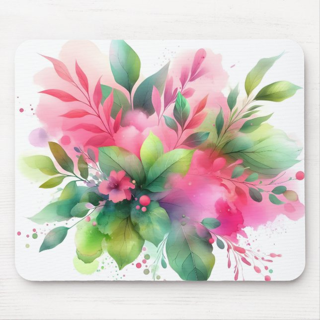 Mousepad Pink Green Watercolor Botanical Bloom (Frente)