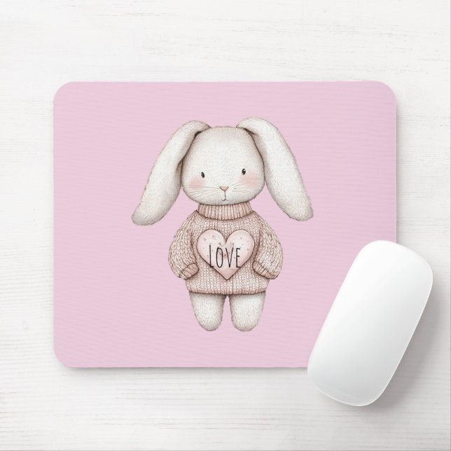 Mousepad Pink Sweet Cute Bunny Pink Sweater Heart (Com mouse)
