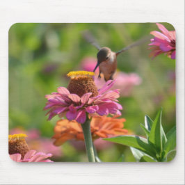 Mousepad Pink Zinnia Flowers Hummingbird Photography
