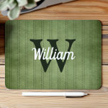Mousepad Pinstripe Retro Monograma de Vintagem Verde<br><div class="desc">Este design apresenta um padrão verde de pinstripe de vinheta em verde com faixas tracejadas mais escuras. Personalize-o com o seu monograma inicial em verde-escuro/preto e o seu nome em script retrorreflector branco.</div>