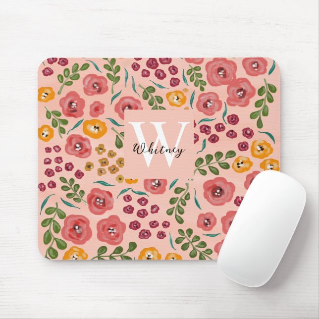 Mousepad Pintado à mão - Abstrato Floral - Cor-de-rosa (Com mouse)