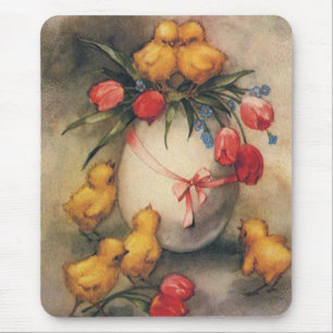 Mousepad Pintinhos de Páscoa, Ovos com Flores de Tulipas Ve