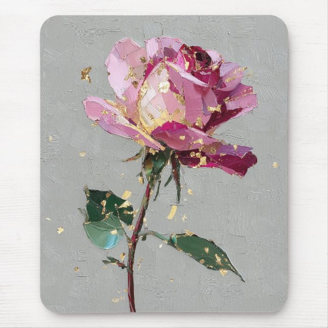 Mousepad Pintura a Óleo de Rosa Rosa com Folha de Ouro Mode (Frente)