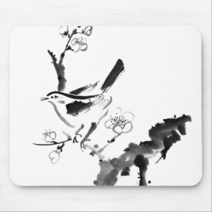 Mousepad Pintura chinesa, flor da ameixa e pássaro
