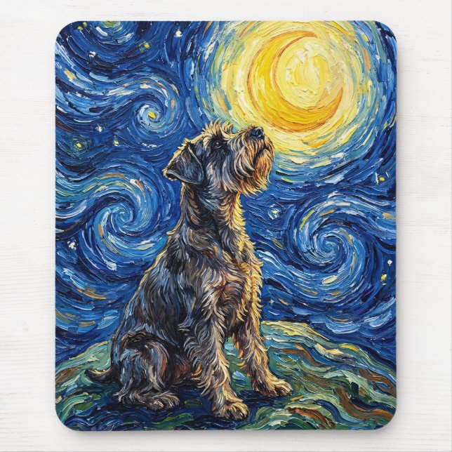 Mousepad Pintura da Noite Estrelada com Schnauzer (Frente)