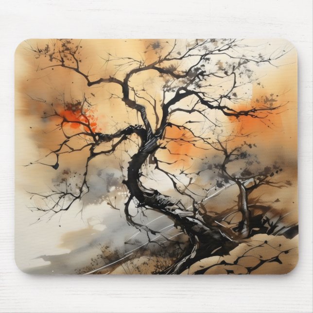 Mousepad Pintura de Árvore Preta Laranja (Frente)