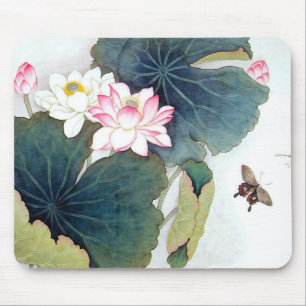 Mousepad pintura de borboleta rosa de folha de lótus chines