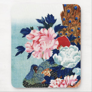 Mousepad Pintura de flores de pavão e peônias vintage