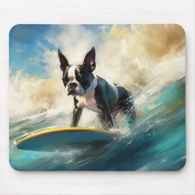Mousepad Pintura de surf em Boston Terrier Beach (Frente)
