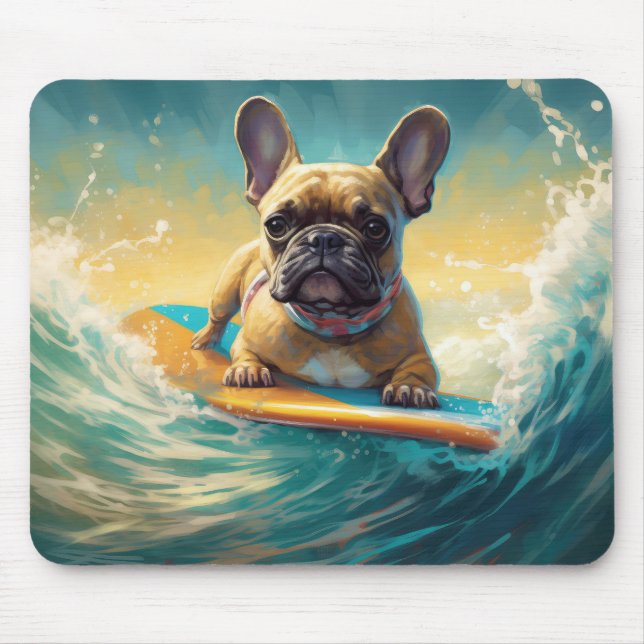 Mousepad Pintura de surfe na praia do Buldogue francês (Frente)