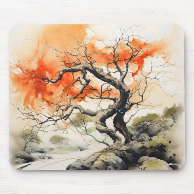 Mousepad Pintura em árvore abstrato Orange (Frente)