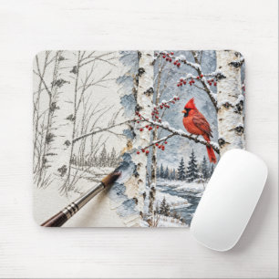 Mousepad Pintura em Impasto de Bétula de Inverno e Cardinal
