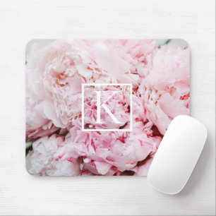 Mousepad Placa de Mouse Floral de Monograma Rosa Moderna