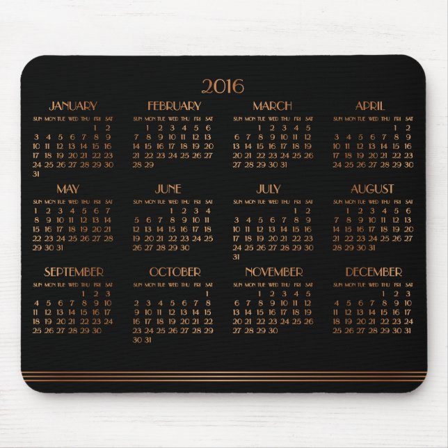 Mousepad Placa do mouse Bronze Black Art Deco Calendar 2016 (Frente)
