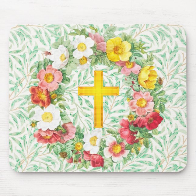 Mousepad Placa do mouse Floral Wreath Cross com Rosa da Vin (Frente)