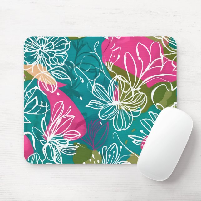 Mousepad Placa do mouse rosa com abstrato Floral Teal (Com mouse)