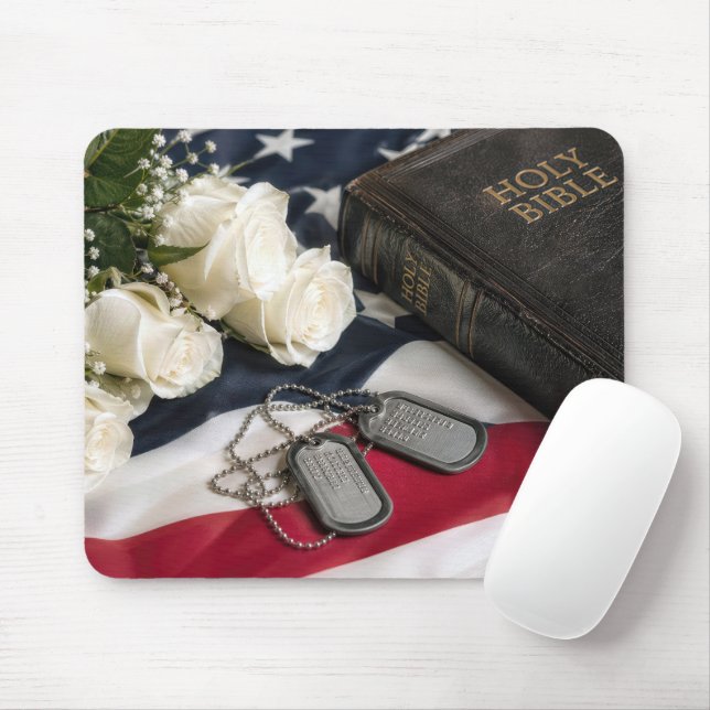 Mousepad Placas de Identificação Militar com Rosas e Bíblia (Com mouse)