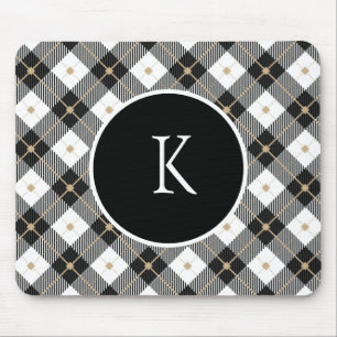 Mousepad Plaid Preto Branco Dourado Monogramado Personaliza