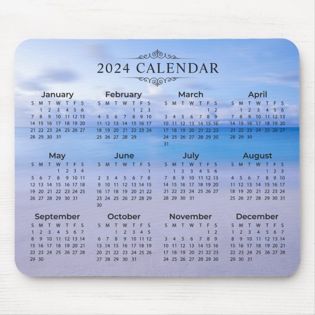 Mousepad Plano de fundo do Calendar Beach do Elegant 2024 | (Frente)