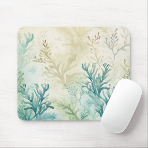 Mousepad Plantas de Algas Marinhas Oceano Aquarela Azul Beg