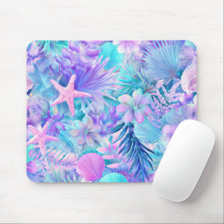 MOUSEPAD PLANTAS E CONCHAS MARINHAS AZUIS ROSA ROXAS