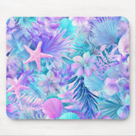 MOUSEPAD PLANTAS E CONCHAS MARINHAS AZUIS ROSA ROXAS
