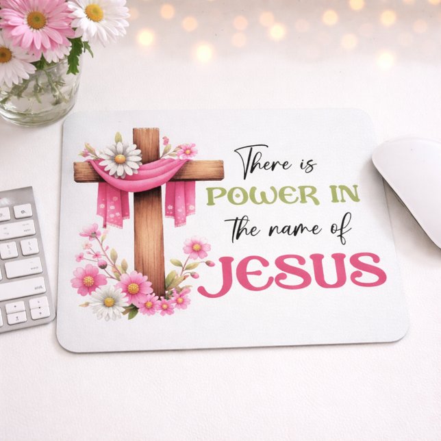 Mousepad Poder no Nome – Cruz Floral Cristã (Criador carregado)