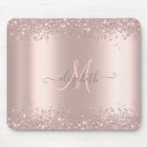 Mousepad Poeira de Brilho Prata Moderno Rosa Dourado Monogr